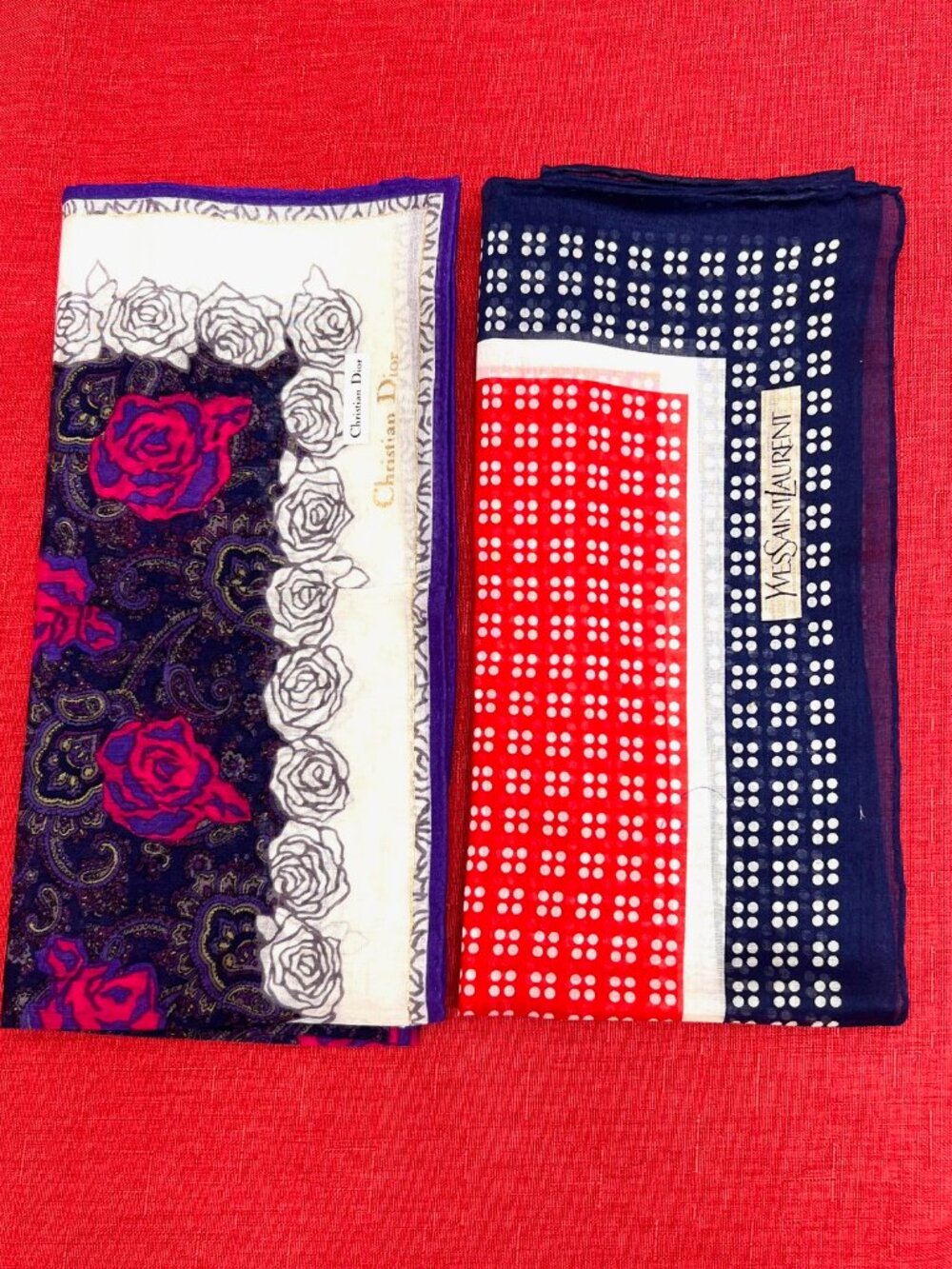 2) New Christian Dior & YSL Mini Scarf/Neck-kerchief Cott 18.5" Red Blue (19
